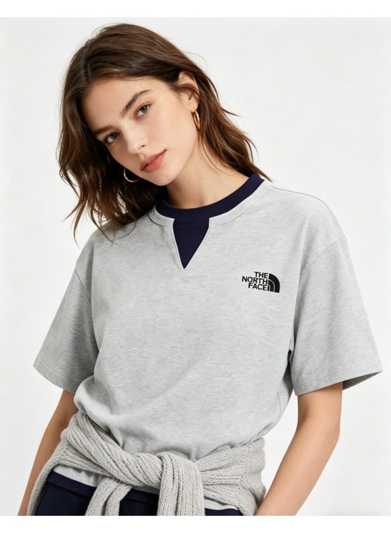 THE NORTH FACE new V-neck contrast fake two-piece T-shirt couple with the same shirt - Image 2