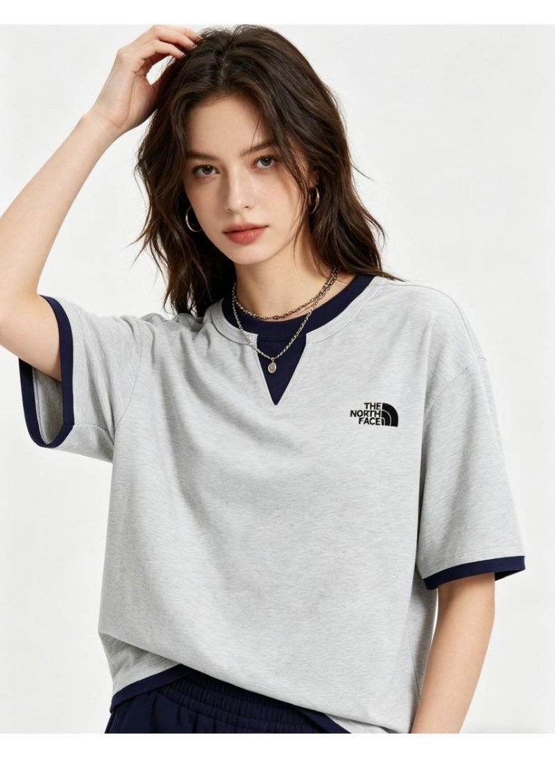 THE NORTH FACE new V-neck contrast fake two-piece T-shirt couple with the same shirt - Image 5