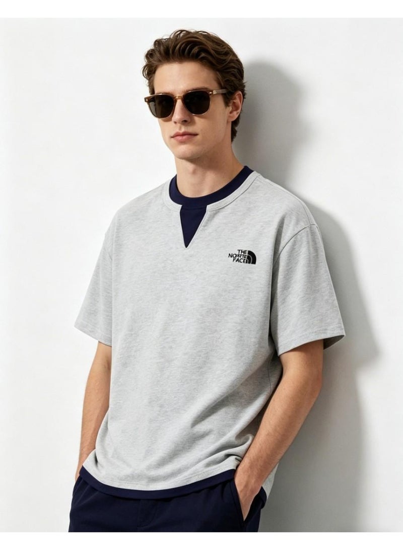 THE NORTH FACE new V-neck contrast fake two-piece T-shirt couple with the same shirt - Image 1