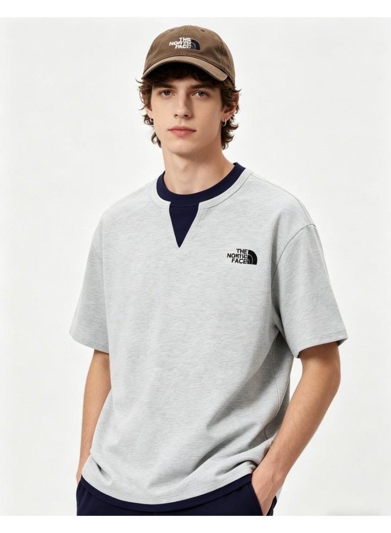 THE NORTH FACE new V-neck contrast fake two-piece T-shirt couple with the same shirt - Image 3