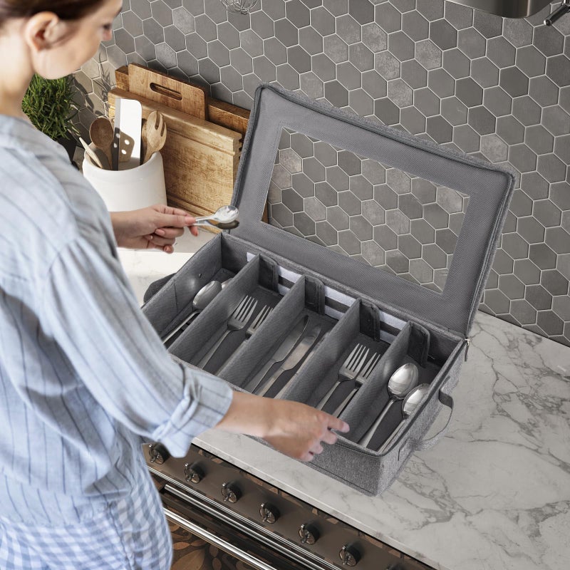 Lafulling Flatware Utensil Storage Case, Silverware Storage Box Chest with Adjustable Dividers, Cutlery Storage Holder with Zipper Lid for Organizing Cutlery, Flatware, Knives, Large Capacity Gray - Image 5