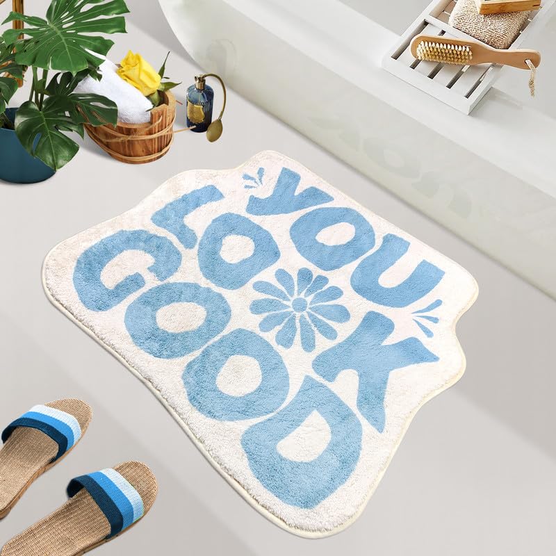 SHIYUE You Look Good Bath Mat Cute Funny Flower Bathroom Rug Soft Absorbent Water Non Slip Superior Washable Microfiber Cool Shower Preppy Decor Rug Sky Blue 21x25