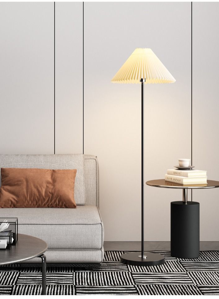 XiuWoo Modern pleated aesthetic floor lamp, living room pole lighting, 3 colors brightness work lamp modern tall standing hanging light for living room bedroom reading Black and white 155x38 cm - Image 2