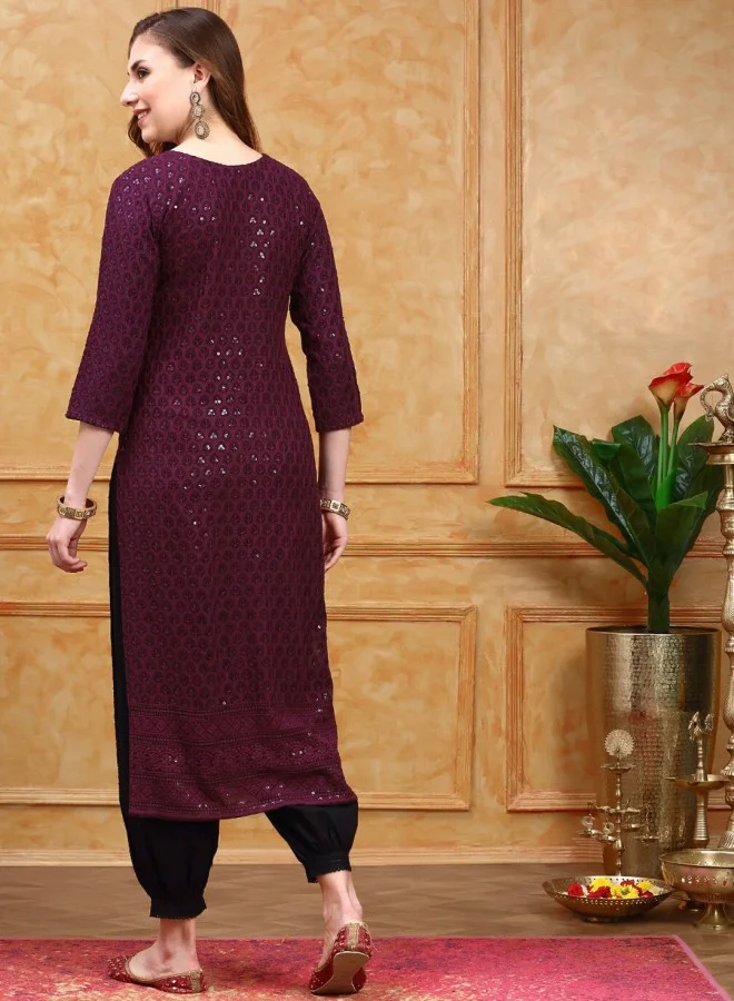 ISHIN Women's Purple 100% Cotton Self Design A-Line Kurta