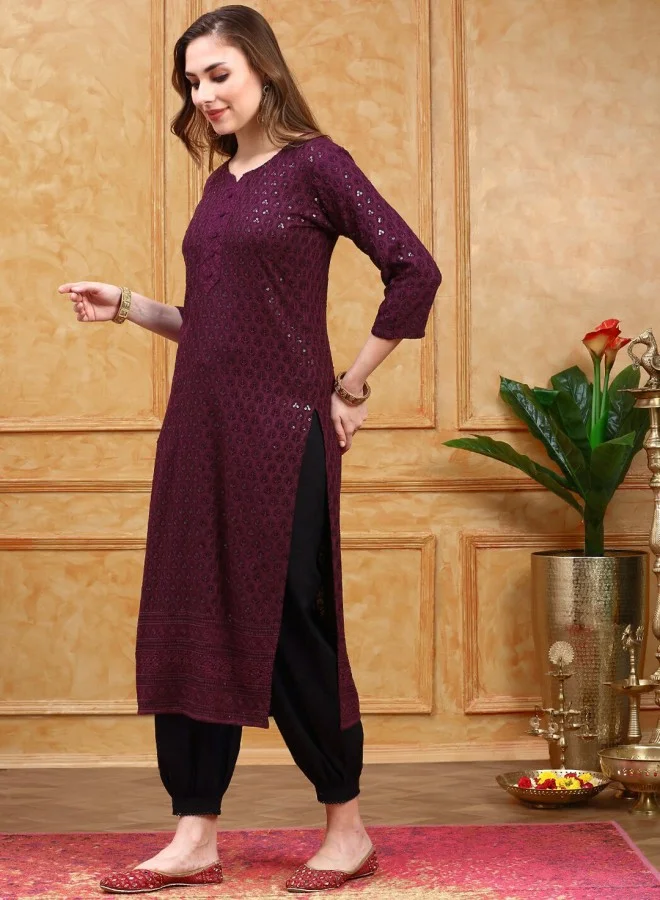 ISHIN Women's Purple 100% Cotton Self Design A-Line Kurta