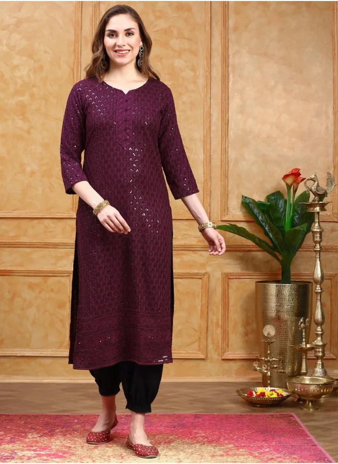 ISHIN Floral Printed Embroidered Sequinned Straight Kurta