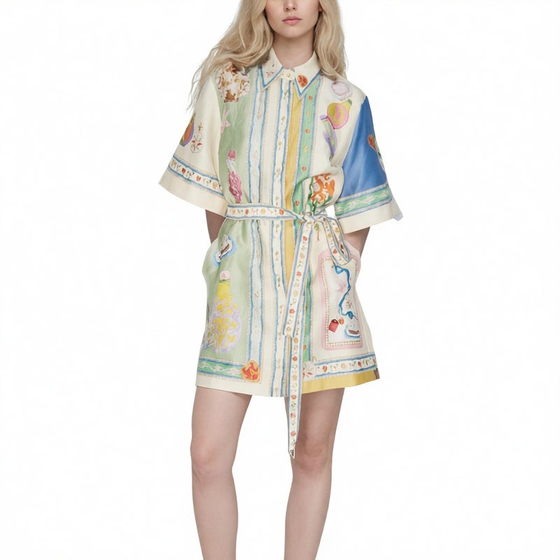 Women's Vintage Print Shirt Collar Waist Dress