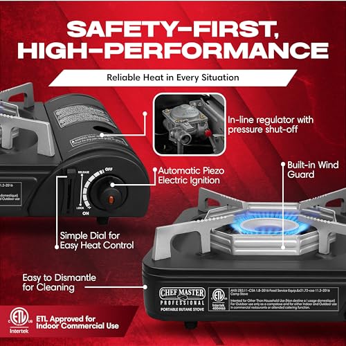 Chef-Master Chef Master Portable Butane Camping Stove, Piezo Ignition 7,650 BTU Output, Wind-Guard Portable Stove Burner with Portable Carrying Case for Emergencies, Road Trips, Hiking, Camping Essentials 90027 - Image 3