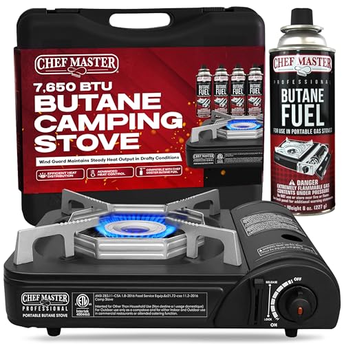 Chef-Master Chef Master Portable Butane Camping Stove, Piezo Ignition 7,650 BTU Output, Wind-Guard Portable Stove Burner with Portable Carrying Case for Emergencies, Road Trips, Hiking, Camping Essentials 90027 - Image 1