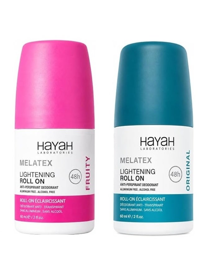 MELATEX Hayah Melatex Deodorant Lightening Roll On Fruity + Original 60 ML 1+1 (Packaging may vary) - Image 1