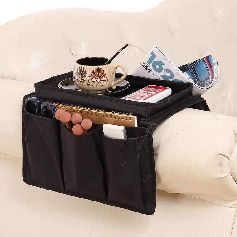 Holiberty Sofa Armrest Organizer with Cup Holder Tray Chair Arm TV Remote Holder for Recliner Couch Armchair Caddy Bedside Storage Pockets Bag for Cellphone Tablet Book Magazines Drinks Pouch - Image 1