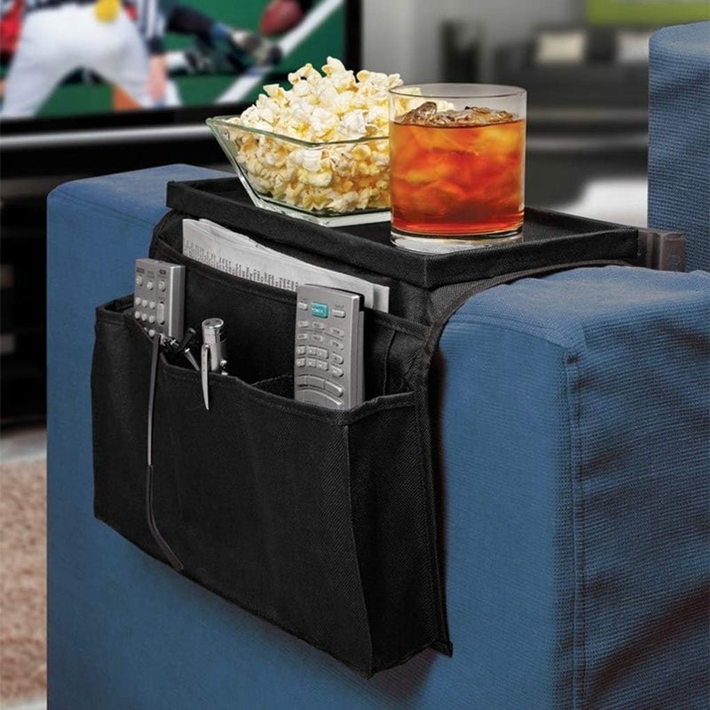Holiberty Sofa Armrest Organizer with Cup Holder Tray Chair Arm TV Remote Holder for Recliner Couch Armchair Caddy Bedside Storage Pockets Bag for Cellphone Tablet Book Magazines Drinks Pouch - Image 2