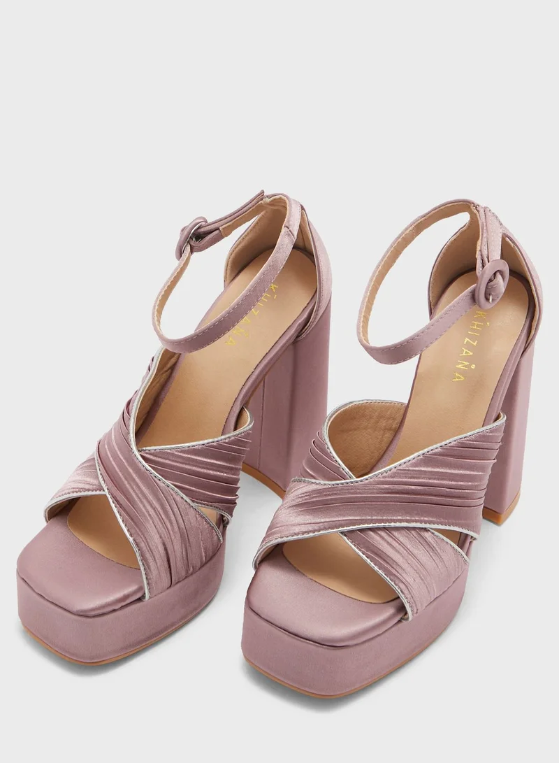 Khizana Metallic Trim Platform Satin Sandal