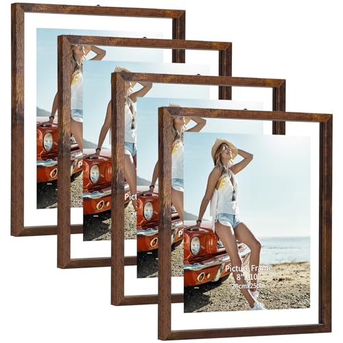 Trwcrt Trwcrt 4 Pack 8x10 Picture Frame Double Glass Rustic Floating Picture Frames Display up to 10 x 12 photos for Desktop or Wall Hanging Brown 