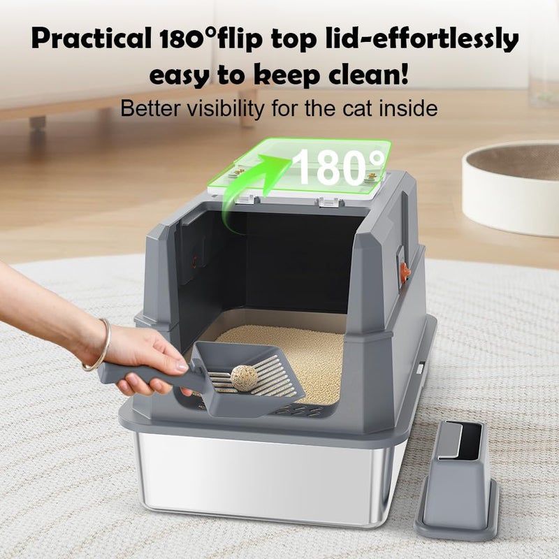 SZEE Stainless Steel Cat Litter Box with 180Â°Flip-Top Lid, Easy Clean XL Enclosed Litter Box, Large Covered Steel Cat Box with Scoop, Odor Control and Anti-Urine Leakage, 23.2*15*15 Inch, Dark Gray - Image 2