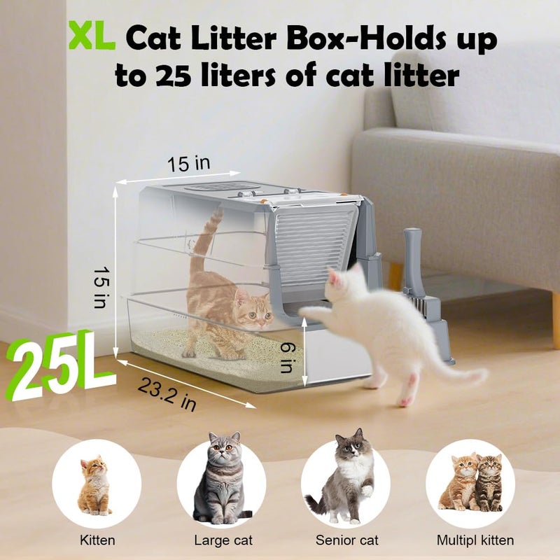 SZEE Stainless Steel Cat Litter Box with 180Â°Flip-Top Lid, Easy Clean XL Enclosed Litter Box, Large Covered Steel Cat Box with Scoop, Odor Control and Anti-Urine Leakage, 23.2*15*15 Inch, Dark Gray - Image 3