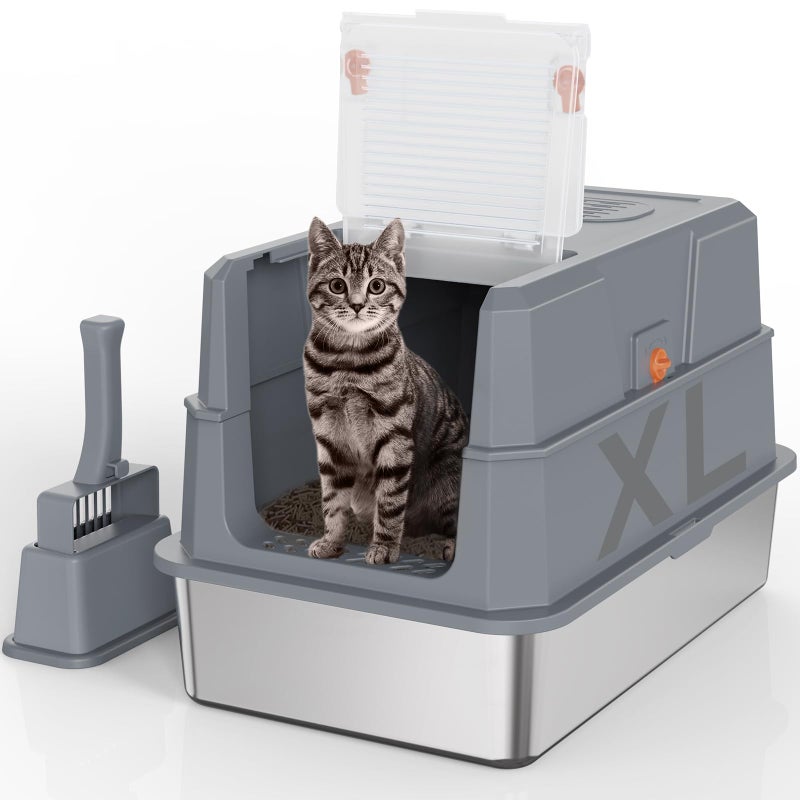 SZEE Stainless Steel Cat Litter Box with 180Â°Flip-Top Lid, Easy Clean XL Enclosed Litter Box, Large Covered Steel Cat Box with Scoop, Odor Control and Anti-Urine Leakage, 23.2*15*15 Inch, Dark Gray - Image 1