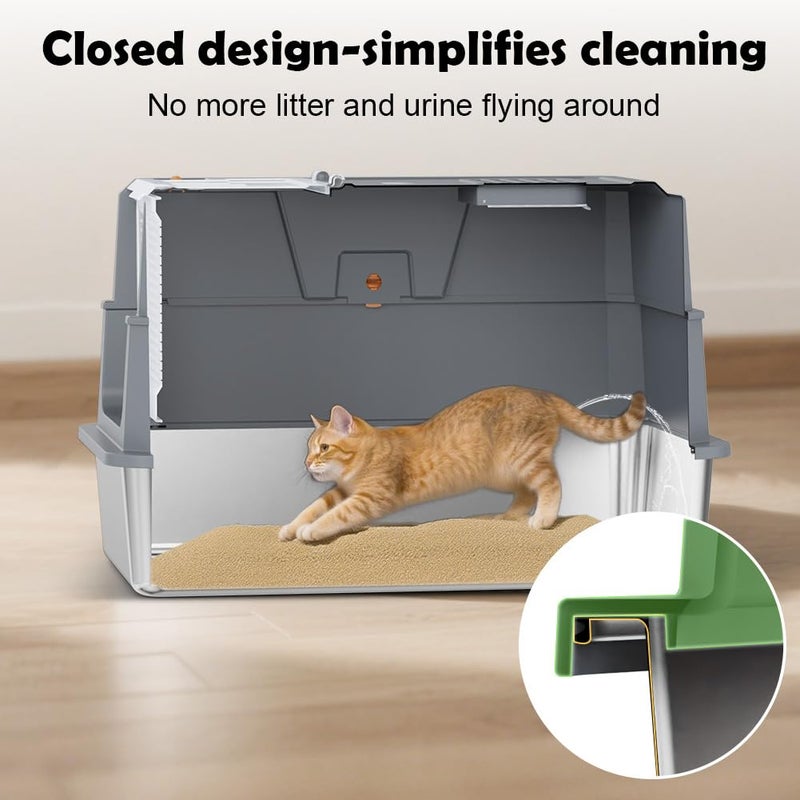 SZEE Stainless Steel Cat Litter Box with 180Â°Flip-Top Lid, Easy Clean XL Enclosed Litter Box, Large Covered Steel Cat Box with Scoop, Odor Control and Anti-Urine Leakage, 23.2*15*15 Inch, Dark Gray - Image 4