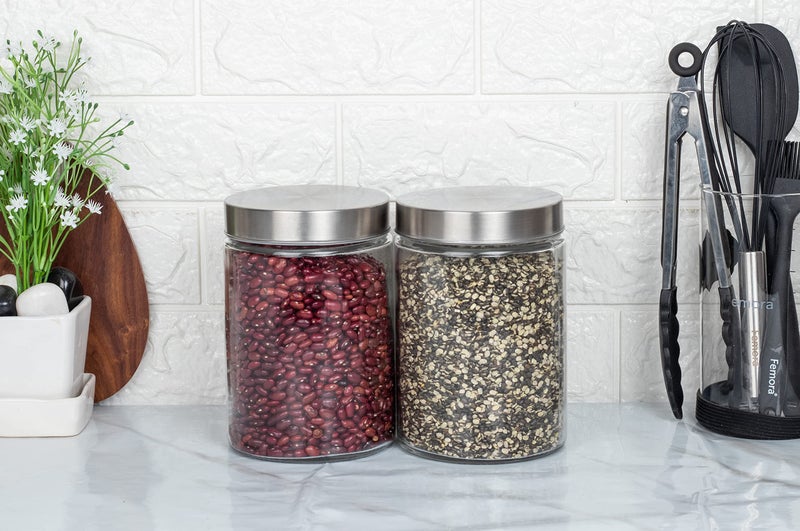 Femora Glass Jars for Kitchen| Glass Storage Containers Jars for Kitchen| Round Glass Jars| 1 Year Warranty| Airtight Lid| Jars for Snacks, Fry Food, Masala, Spice, Pickles, Cookies| 1100ml| Pack of 2 - Image 1