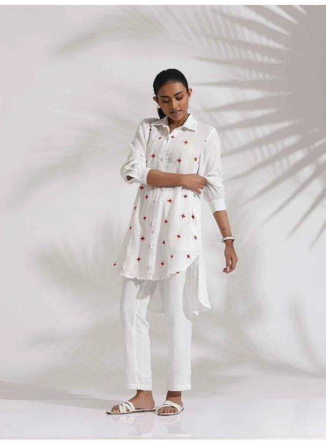 ترو برونز trueBrowns White Cotton Embroidered Kurta Co-ord Set
