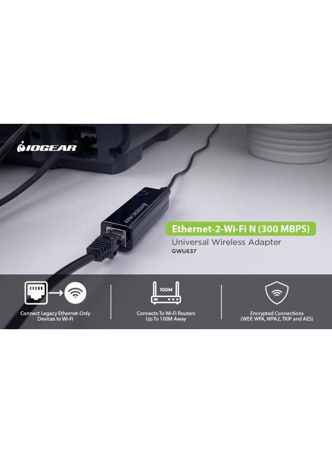 Iogear محول إيثرنت إلى واي فاي العالمي IOGEAR - سرعات تصل إلى 300Mbps على 2.4GHz - إعداد واي فاي المحمي بزر الضغط (WPS) - يدعم تشفير WEP و WPA و WPA2 و TKIP و AES - GWU637 - Image 5