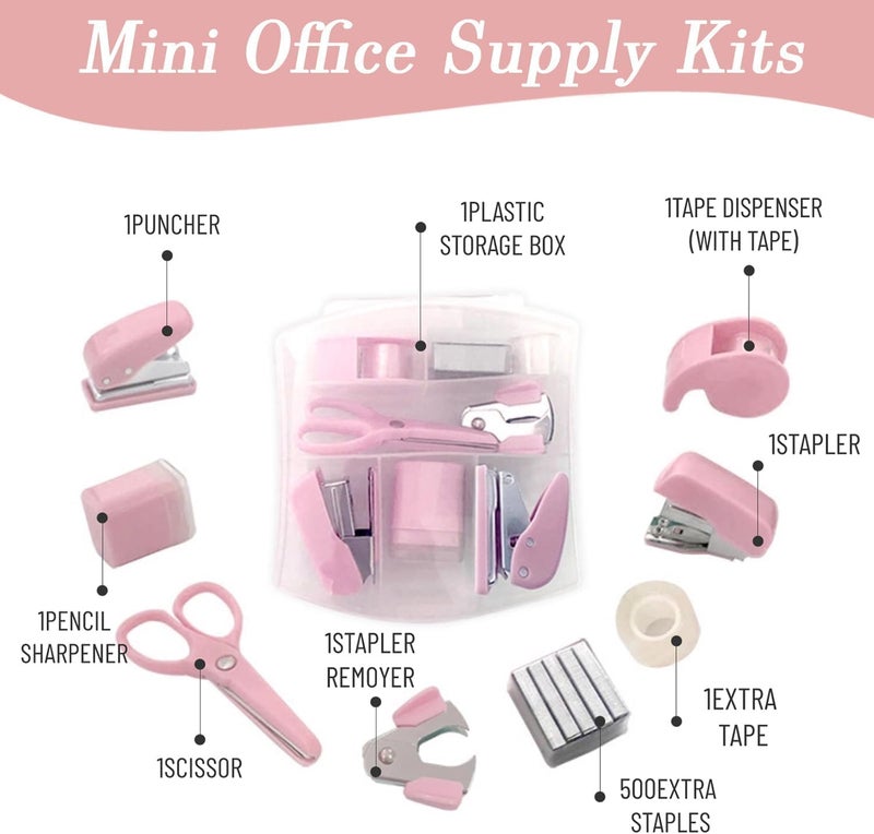 Mini Office Supply Kit 鈥?Portable Pink Stationery Set with Scissors , Tape Dispenser , Punch , Pencil Sharpener , and Mini Stapler - Image 2