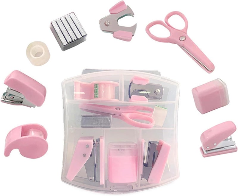 Mini Office Supply Kit 鈥?Portable Pink Stationery Set with Scissors , Tape Dispenser , Punch , Pencil Sharpener , and Mini Stapler - Image 1