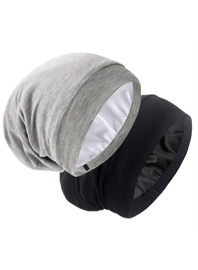 GB Selected SilkySatin Lined Bonnet Sleep Cap - Adjustable Stay on All Night Hair Wrap Cover Slouchy Beanie for Curly Hair Protection for Women and Men - Black & Light Grey - Image 1