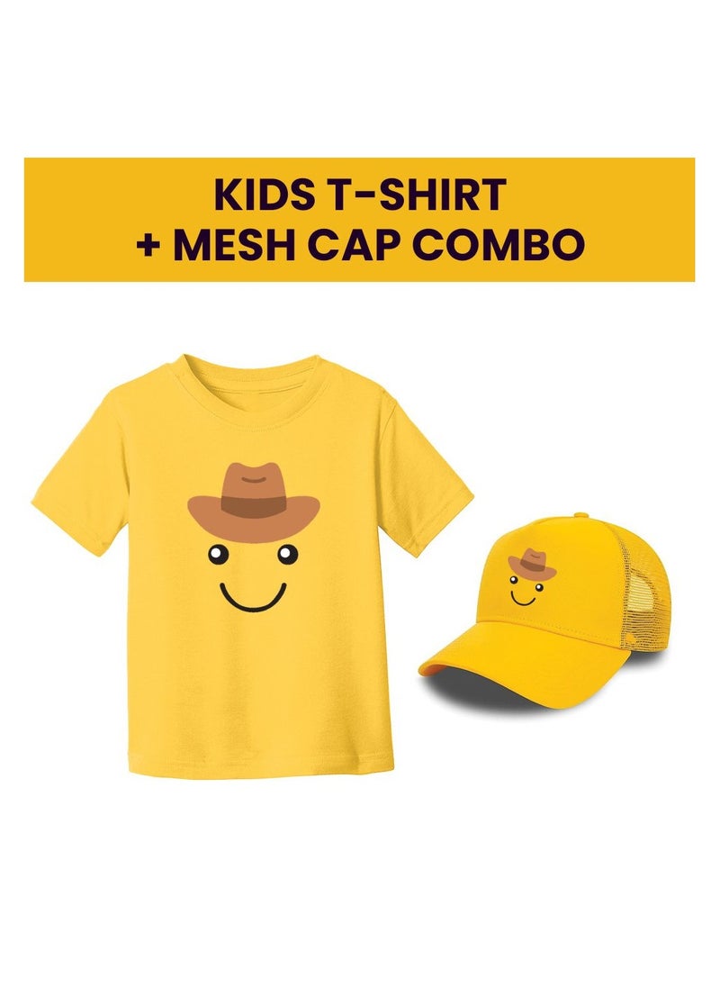 PRINTSHOP4ME - Kids Yellow Smiley Face Pack Of 2 T-Shirt And Cap Combo–Unisex Round Neck Short Sleeve Cotton T-Shirt - Image 1