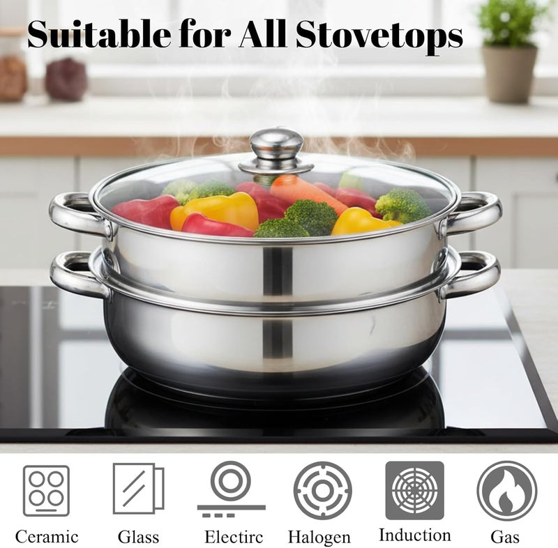 ZENFUN Steamer Pot With Lid 2 Tier, Multipurpose Stainless Steel Steaming Pot, Steam Pots With Handle For Vegetable, Dumpling, Food, 11 Inch（Thickened） - Image 4