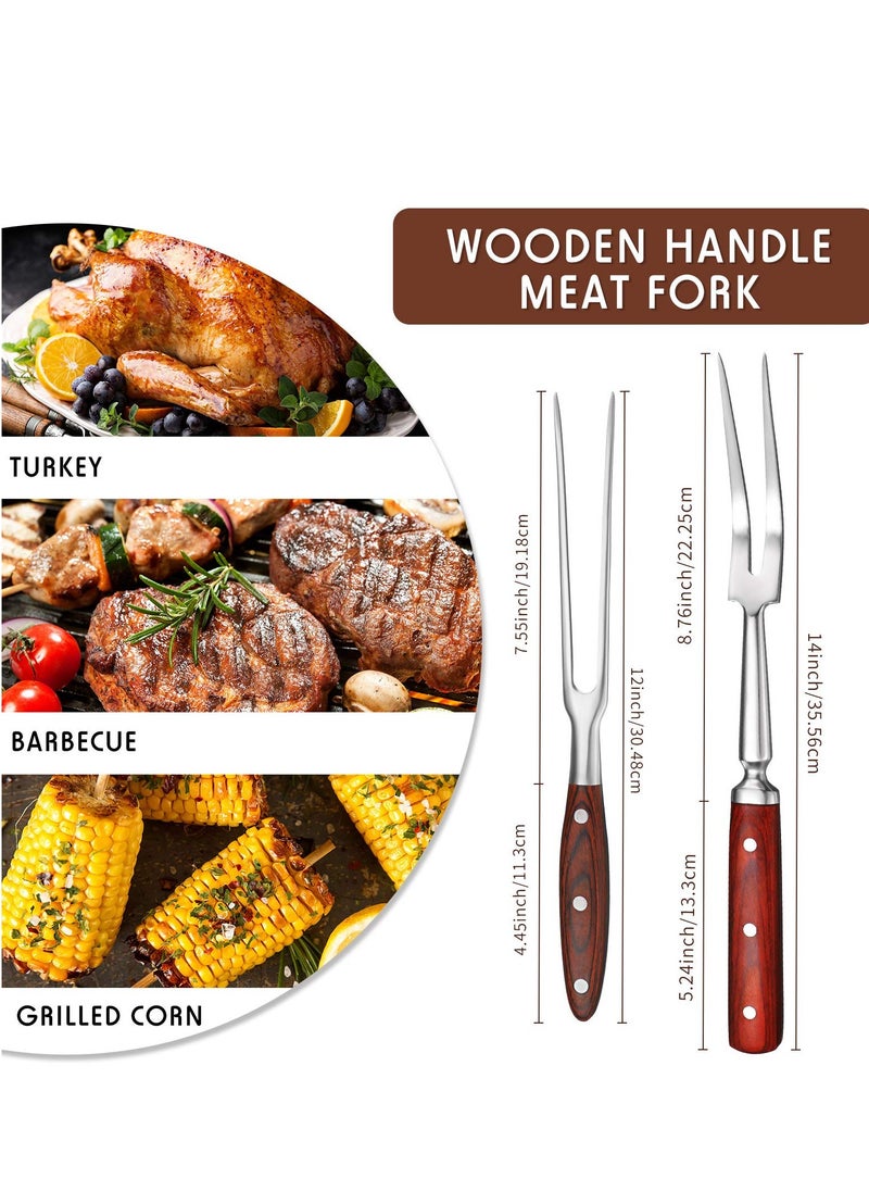 SYOSI - Forged Carving Forks with Wooden Handle, 2 Pieces Stainless Steel Meat Fork Barbecue Fork, BBQ Fork Carving Set for Kitchen Roast Grilling Dinner Parties (12 Inch, 14 Inch) - Image 1