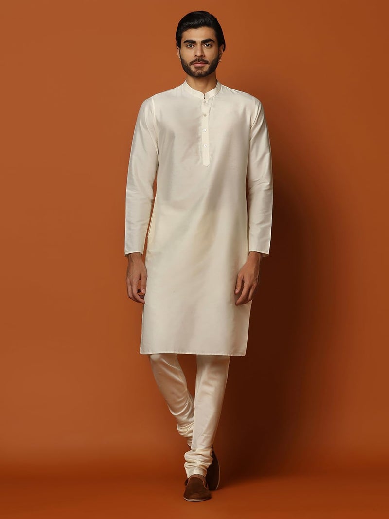KISAH Men's Grey and Cream Indo-Western Kurta Sherwani Churidar Set Cotton Full Sleaves, Knee Length, Straight, Regular Fit, Mandarin Collar Ethnic Wear - Image 5