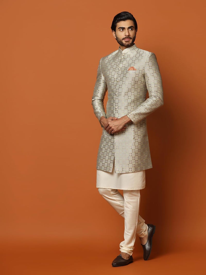 KISAH Men's Grey and Cream Indo-Western Kurta Sherwani Churidar Set Cotton Full Sleaves, Knee Length, Straight, Regular Fit, Mandarin Collar Ethnic Wear - Image 2