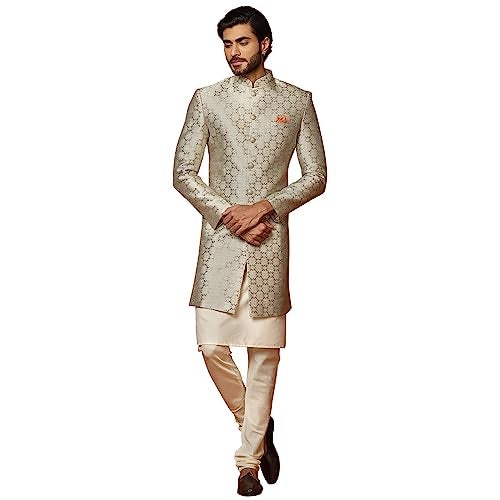 KISAH Men's Grey and Cream Indo-Western Kurta Sherwani Churidar Set Cotton Full Sleaves, Knee Length, Straight, Regular Fit, Mandarin Collar Ethnic Wear - Image 1