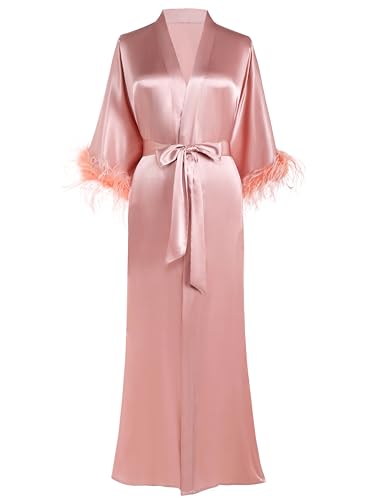 PRODESIGN Satin Kimono Robe Long Silky Bathrobe with Ostrich Feather Trim Sleepwear Wedding Bridesmaid Dressing Gown - Image 2