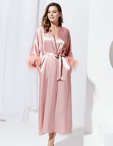 PRODESIGN Satin Kimono Robe Long Silky Bathrobe with Ostrich Feather Trim Sleepwear Wedding Bridesmaid Dressing Gown - Image 4