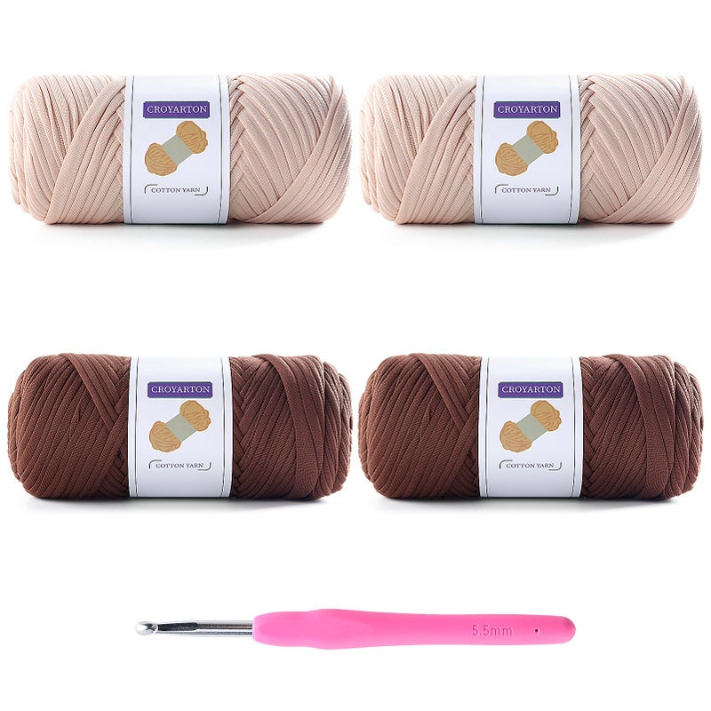 NDICANG 4 Pack Tshirt Yarn for Crocheting, Elastic T Shirt Spaghetti Thick Knitting Yarn Total Length 260 Yds for Crochet Bag Baskets Home Decor with 1 Crochet Hook (4-Beige+Coffee Color) - Image 1