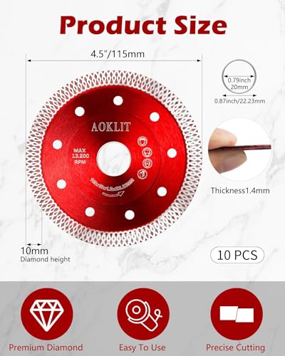 AOKLIT 5 Pcs Diamond Saw Blades, 4-1/2" Tile Grinder Blade for Angle Grinder, Super Thin Tile Cutting Disc for Grinder for Cutting Tile Ceramic Porcelain Granite Marbles - Image 2