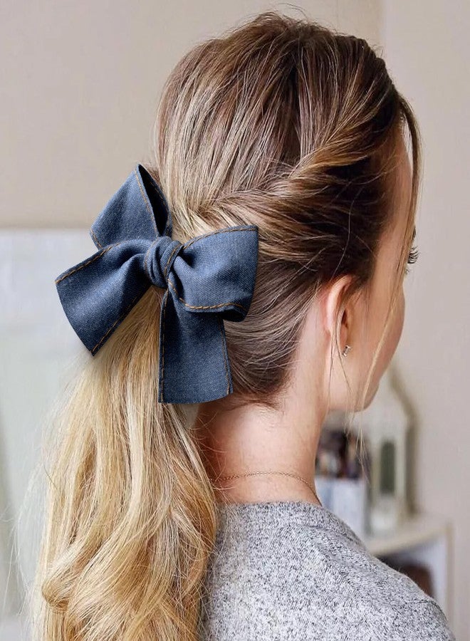 SmallCat 2 Pcs 4.4 Inch Blue Hair Bows with Alligator Clips, Vintage Bowknots Hairpin, Non-Slip Hair Clips, Hair Accessories for Women Fine Thin Straight Curly Long Hair - Image 3