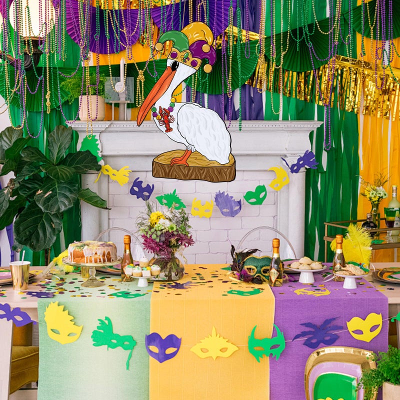 Yewfold Mardi Gras Door Decoration, New Orleans Carnival Pelican Front Door Sign Hanger, Wooden Mardi Gras Sign Wreath for Holiday Indoor Outdoor Porch Home Wall Decor - Image 3