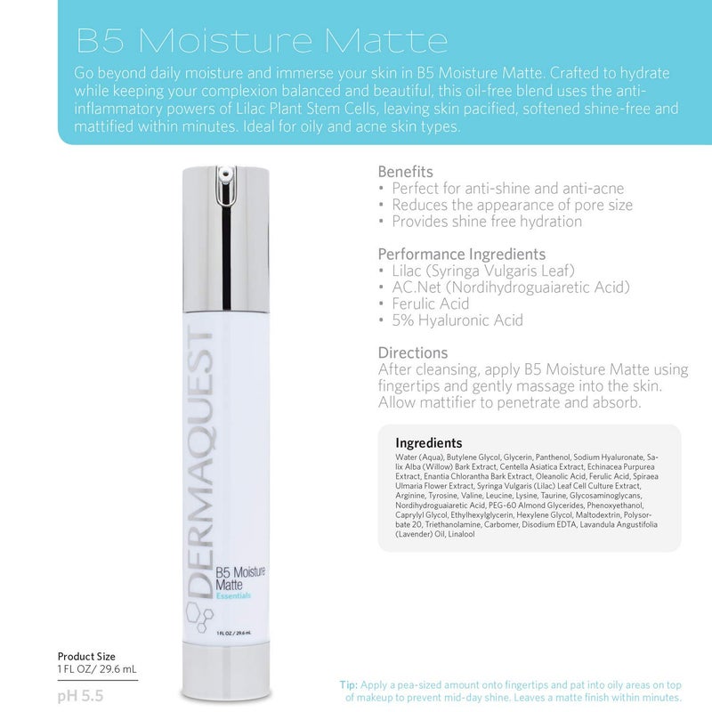 DermaQuest Essential B5 Moisture Matte - Face Moisturizer for Oily & Acne Prone Skin - 5% Hyaluronic Acid Women & Mens Moisturizer - Reduces Oil & Shine Instantly (1oz) - Image 3
