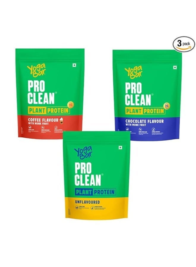 Yogabar Pro Clean Plant Protein Powder | Chocolate + Coffee + Unflavoured | With Monk Fruit | Vegan, Gluten-Free, No Added Sugar | 3 x 500g - Image 1