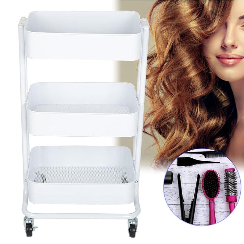 Hair Salon 3 Tiers Trolley Cart, Rolling Salon Trolley with Wheels, Heavy Duty Slim Storage Rack for Beauty Salon and Home Use, Black or White Iron Trolley with Easy Assembly (White) - Image 3