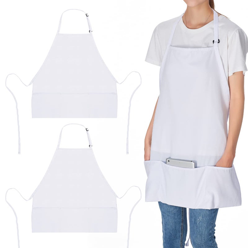 Jubatus 2 Pack 3 Pockets Adjustable Bib Apron Chef Kitchen Cooking Aprons for Women Men White