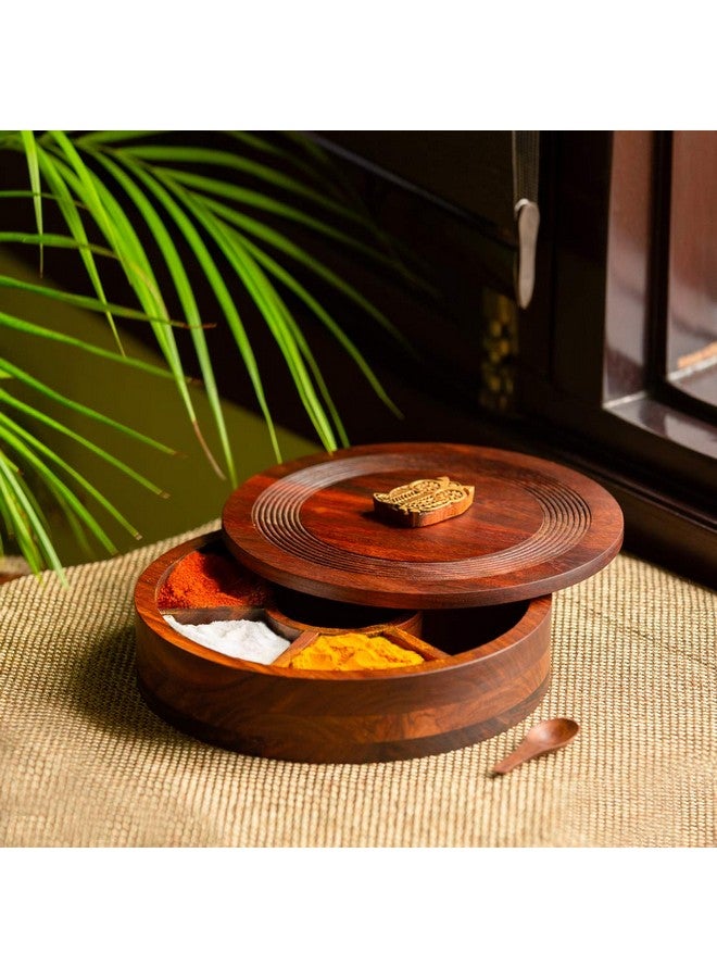 إكسكلوسيف لاين صندوق توابل خشبي "مجسم بومة غامضة" من إكسكلوسيف لين | دابا ماسالا من خشب شيشام محفور يدويًا | وعاء توابل بسبعة أقسام وملعقة | داني ماسالا متعدد الاستخدامات للمطبخ - Image 2
