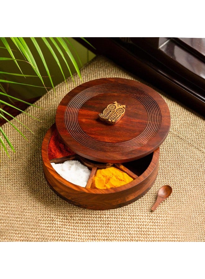 إكسكلوسيف لاين صندوق توابل خشبي "مجسم بومة غامضة" من إكسكلوسيف لين | دابا ماسالا من خشب شيشام محفور يدويًا | وعاء توابل بسبعة أقسام وملعقة | داني ماسالا متعدد الاستخدامات للمطبخ - Image 1
