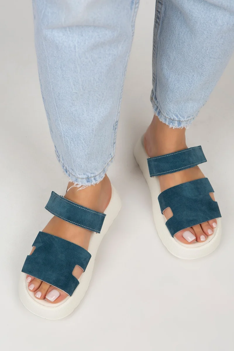 Manijero Manijero Seina Women's Genuine Leather Velcro Slippers Petrol Slippers