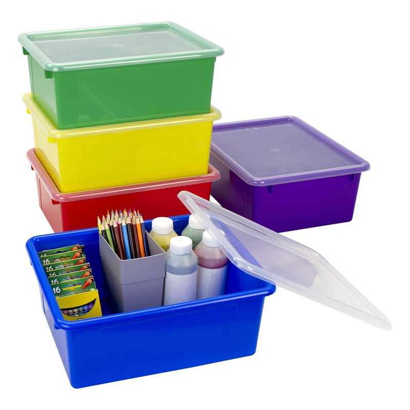 Storex Letter Size Deep Storage Tray â€“ Organizer Bin with Non-Snap Lid for Classroom, Office and Home, Assorted Colors, 5-Pack (62542A05C) - Image 1