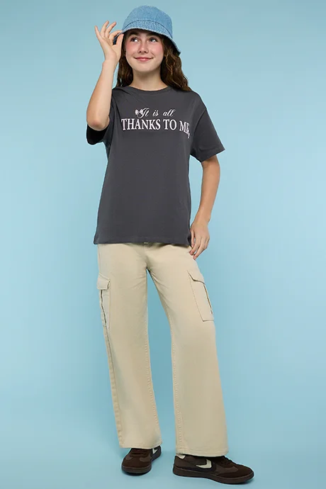 أر أند بي Typography Print T-Shirt with Crew Neck and Short Sleeves