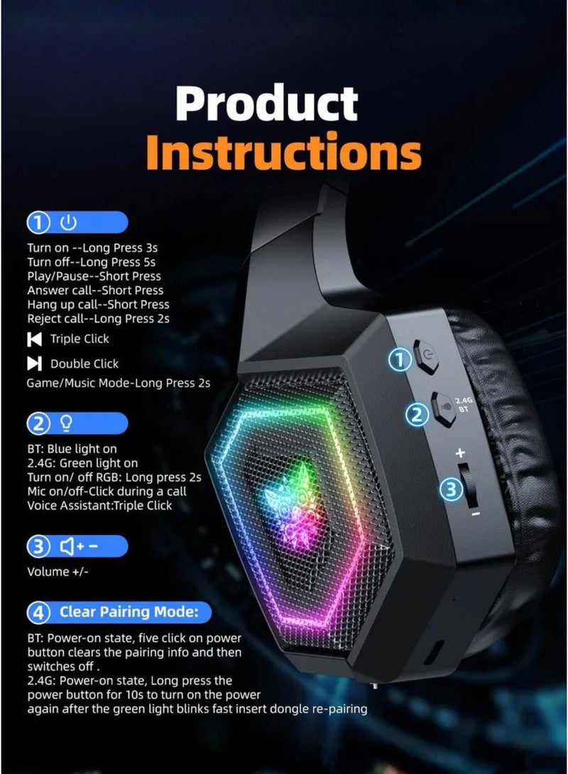 أونيكوما سماعة ألعاب لاسلكية Onikuma  GT806، سماعة رأس لاسلكية وسلكية بتقنية بلوتوث 2.4 جيجا هرتز، تدعم ثلاثة أوضاع للألعاب الإلكترونية، مزودة بمحول USB ومنفذ Type-C للهواتف المحمولة، صوت ستيريو منخفض التأخير، ميكروفون قابل للفصل بخاصية إلغاء الضوضاء، إضاءة RGB، سماعة ألعاب خفيفة الوزن تغطي الأذن - Image 5